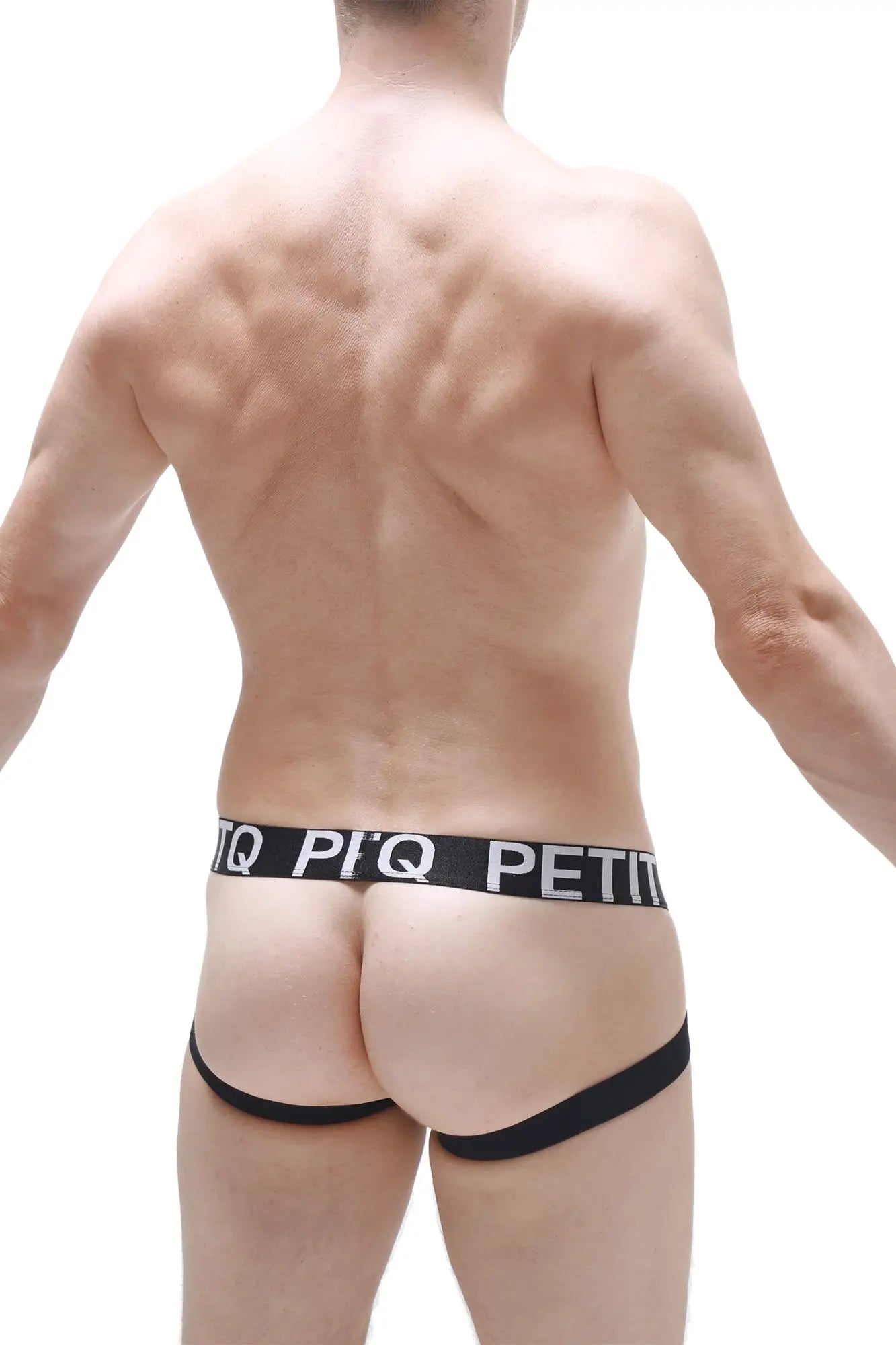 Black petitq branded jockstrap arlas net briefs with sleek form-fitting design and breathable net fabric
