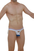 White athletic jockstrap arps with red white and blue striped waistband and blue front panel for sports use