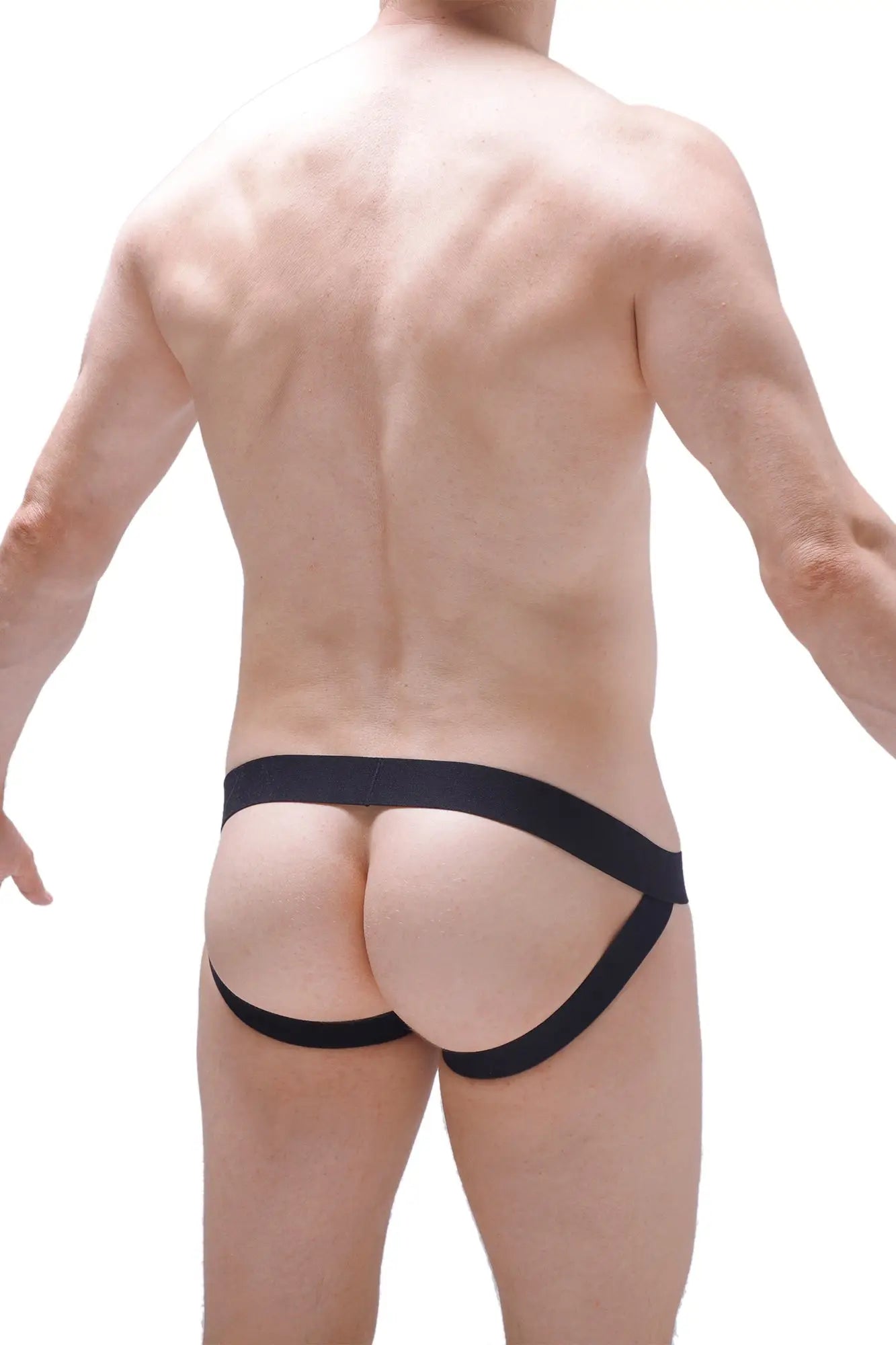 Black high-waisted jockstrap ball-lifter fringe briefs with wide elastic waistband and supportive side straps