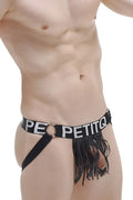 Black fringed thong jockstrap with petitq branded waistband designed for ball-lifting and support