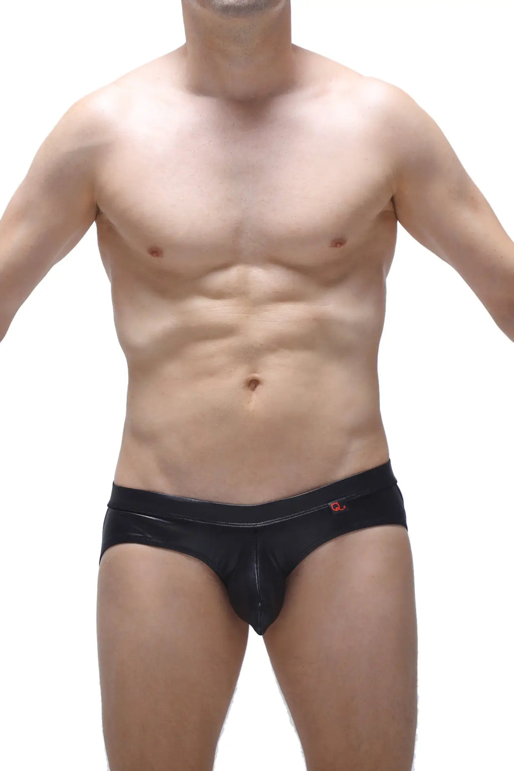 Black patent leather jockstrap briefs with red logo waistband designed for a wet look and bold style