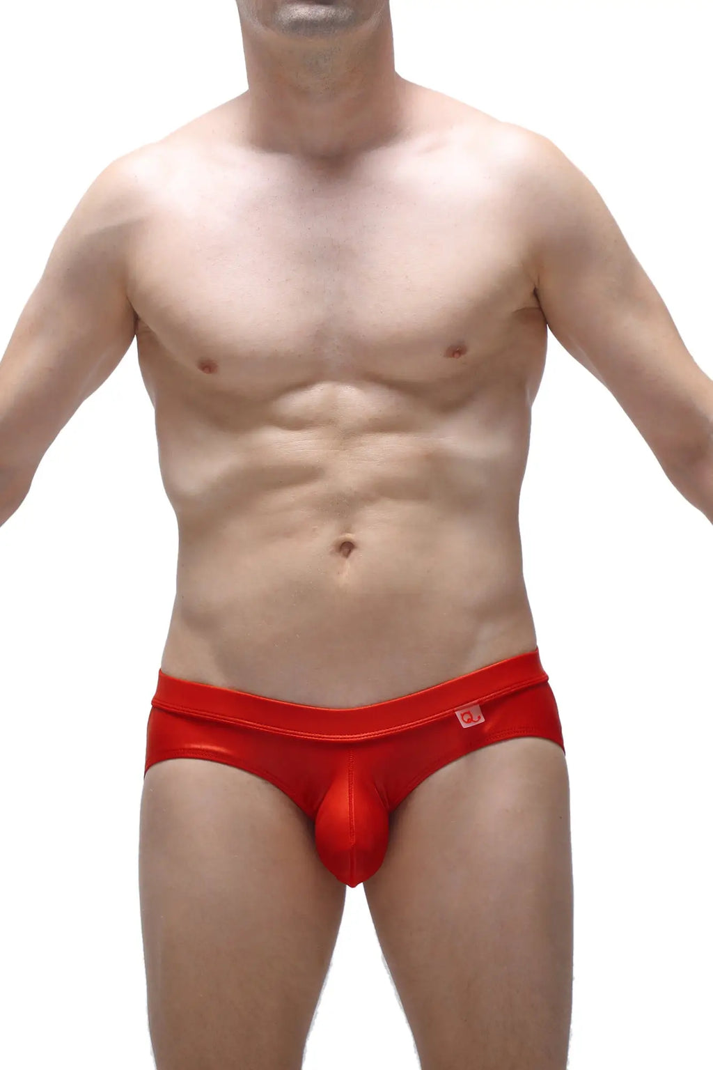 Red shiny latex men’s briefs jockstrap beire wet red with prominent pouch design for a bold look