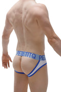 White and blue jockstrap beuil with a bold contrasting design and petite briefs style for active wear