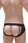 Black lace-trimmed briefs with wide elastic waistband and adjustable side straps from jockstrap bizas lace black collection