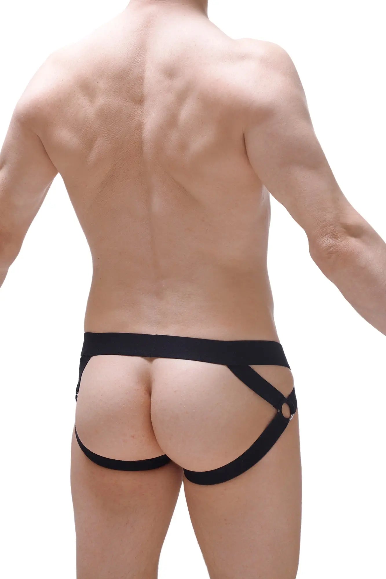 Black fabric briefs jockstrap brucy lace with wide waistband and crisscrossing side straps for support and style