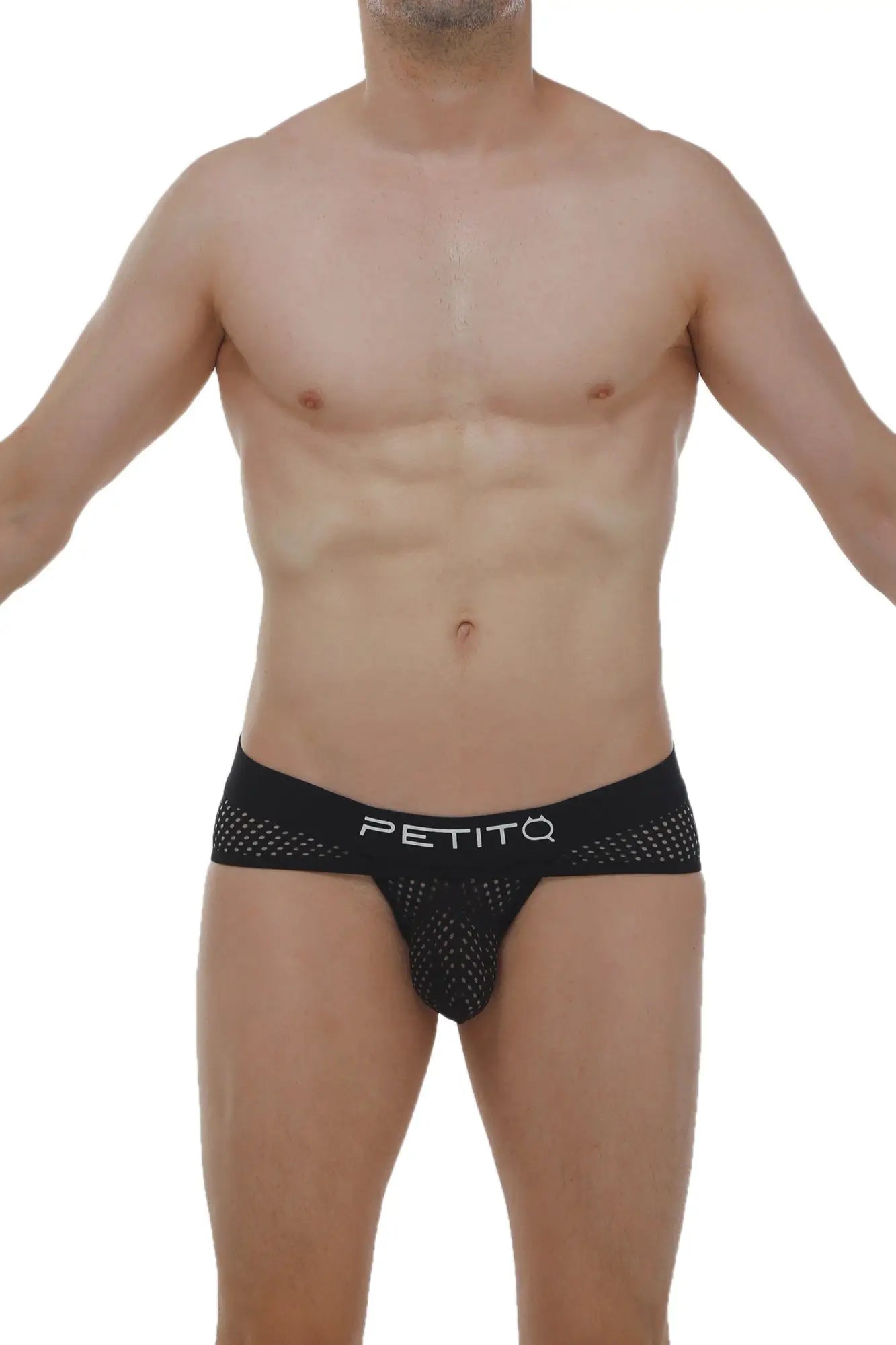 Black mesh briefs jockstrap cairanne durtol with perforated design and petitô logo on waistband