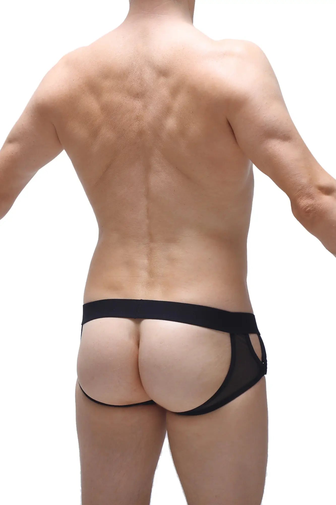 Black mesh jockstrap chery with solid waistband showing breathable mesh material and secure fit