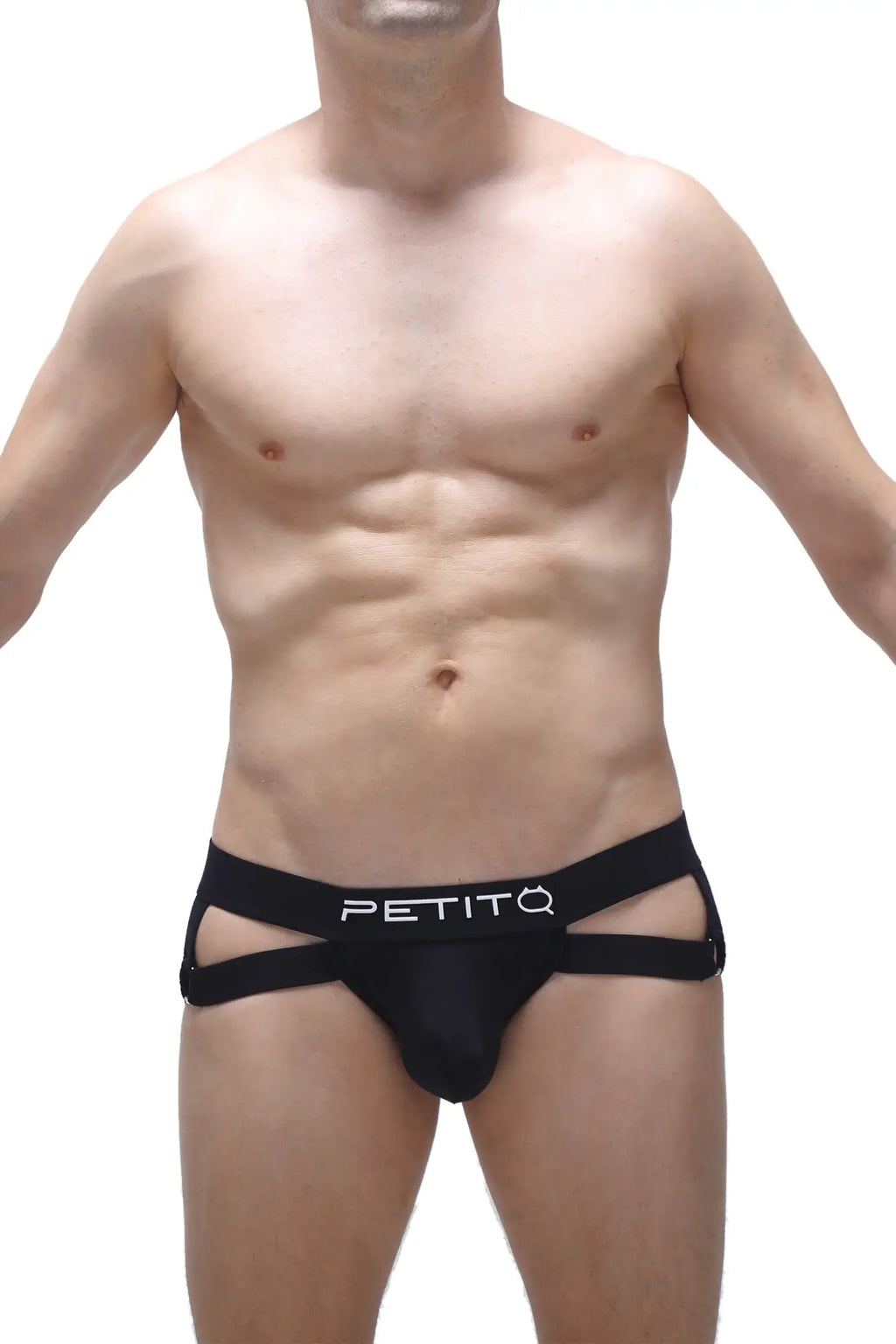 Black petitq jockstrap chery briefs with sleek contoured design and distinctive side cutouts in front view