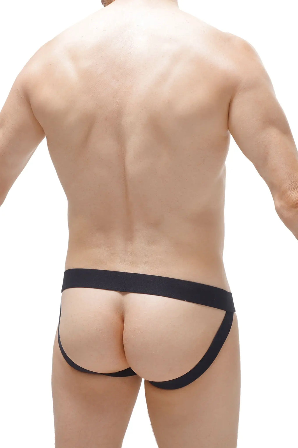 Black form-fitting jockstrap double pouch briefs with smooth elastic waistband and side straps in modal fabric