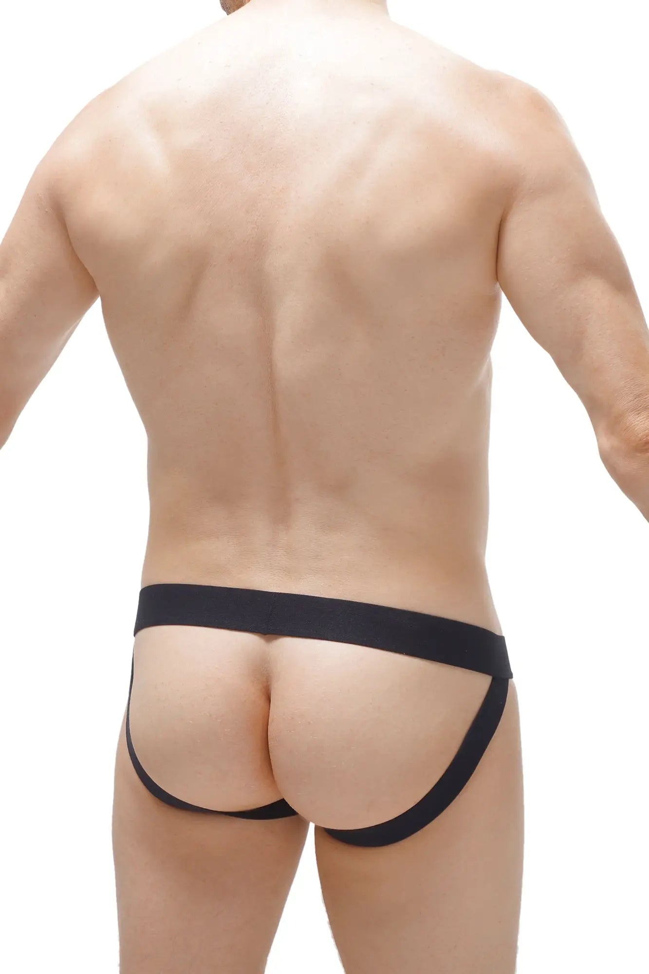 Black form-fitting jockstrap double pouch briefs with smooth elastic waistband and side straps in modal fabric