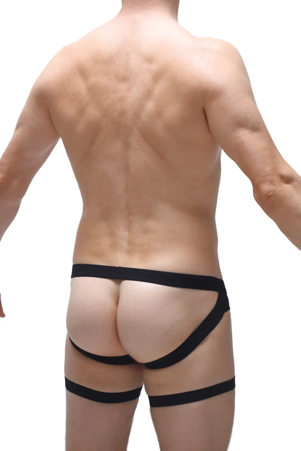 Black jockstrap garter form-fitting athletic briefs with supportive design and elastic waistband shown from the back