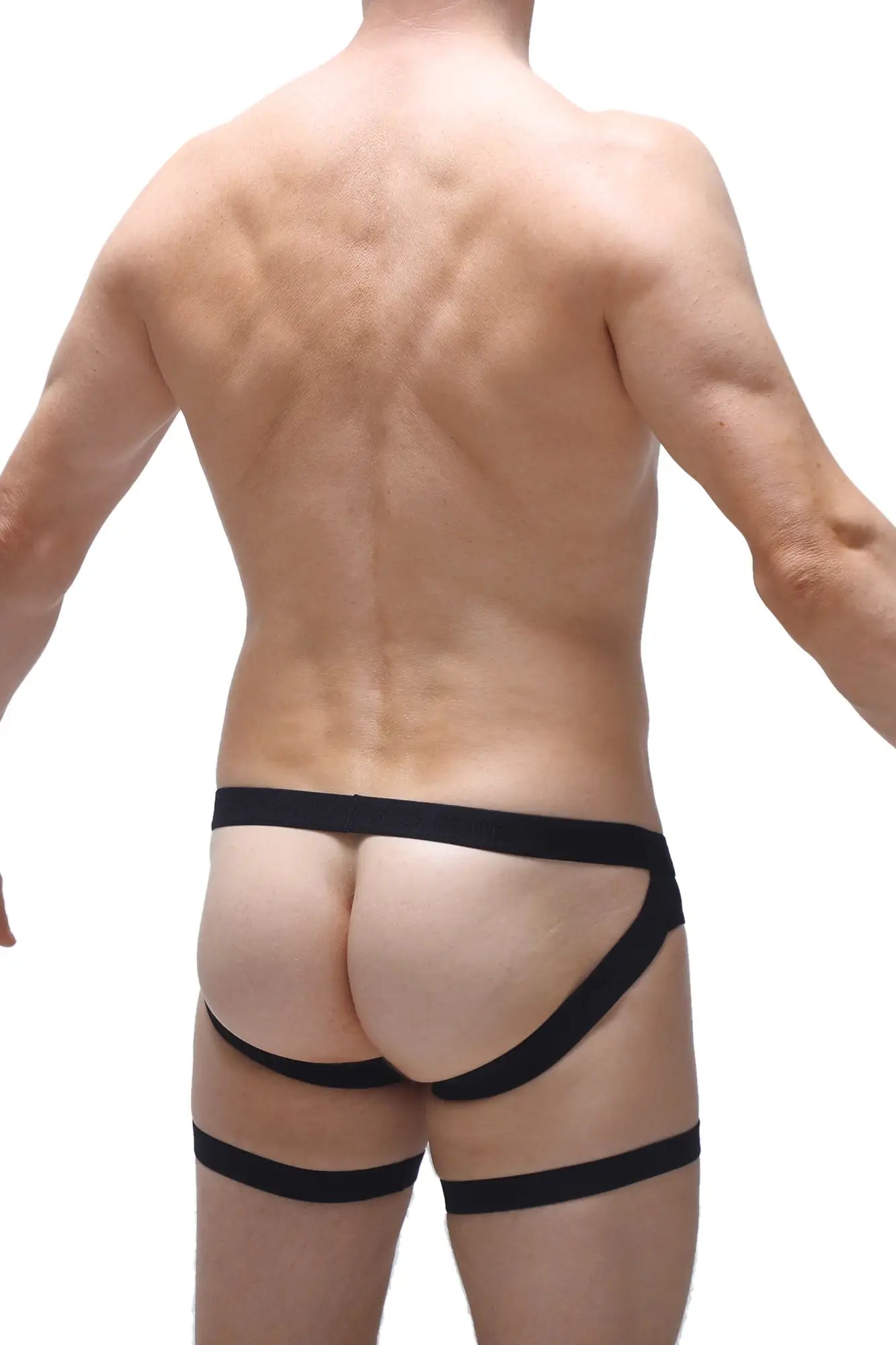 Black jockstrap garter form-fitting athletic briefs with supportive design and elastic waistband shown from the back