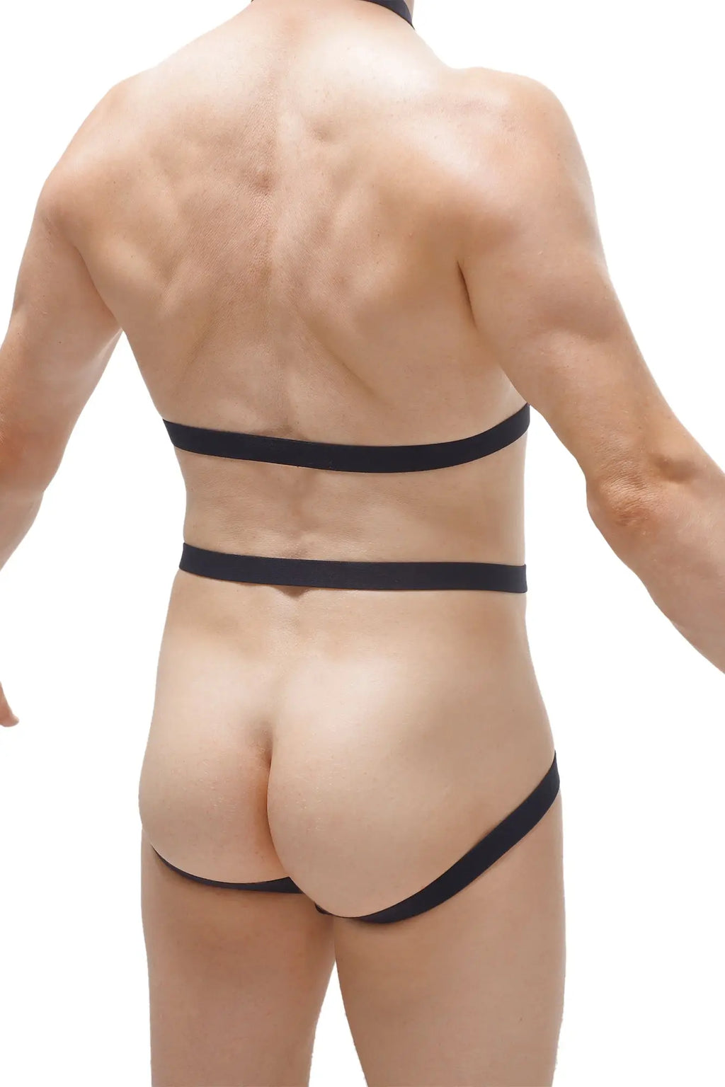 Black form-fitting jockstrap harness detachable lingerie set showing back with two horizontal straps and one front strap