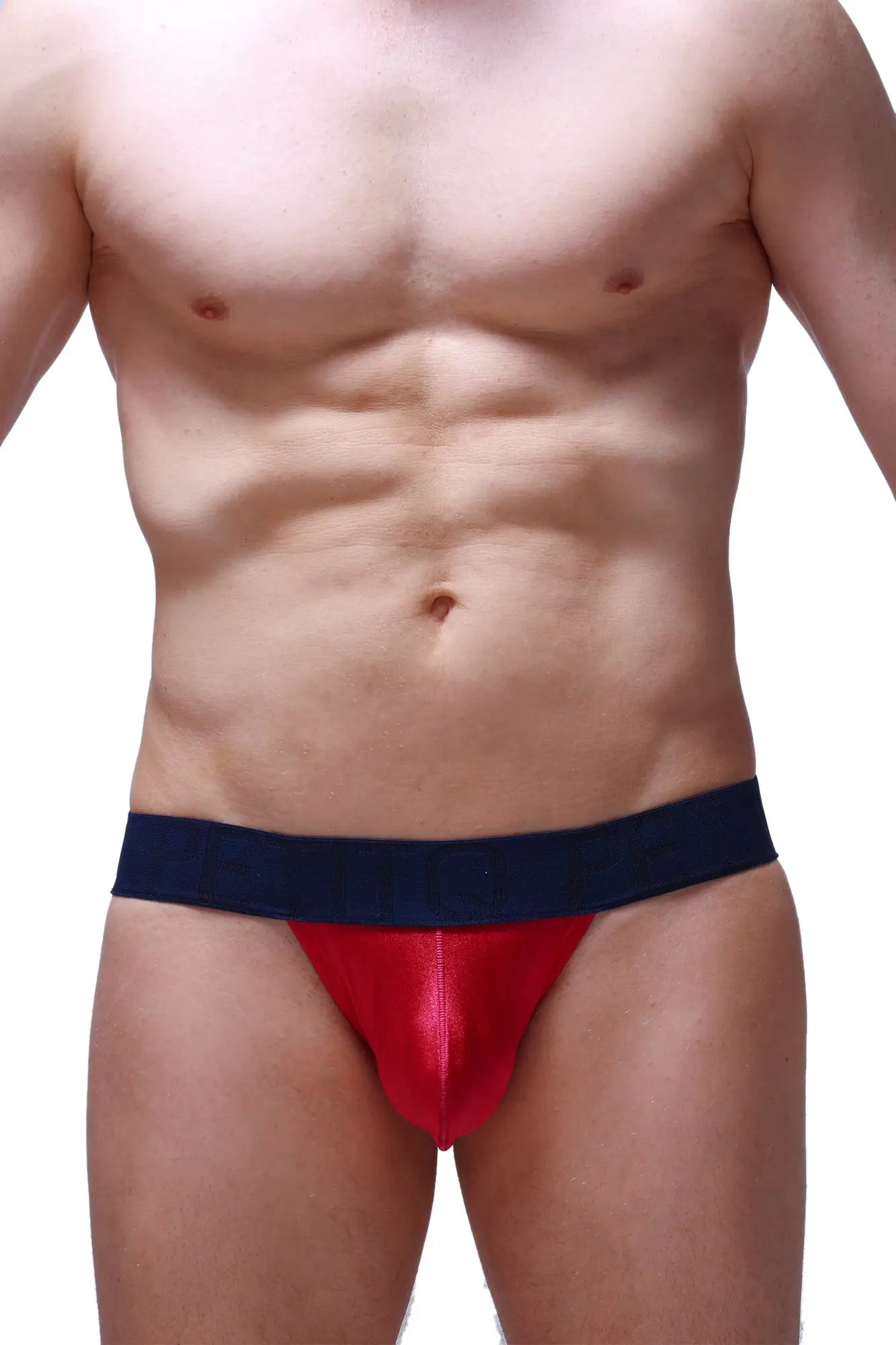 Red and navy blue men’s briefs jockstrap joe framboise with shiny form-fitting design for comfortable support