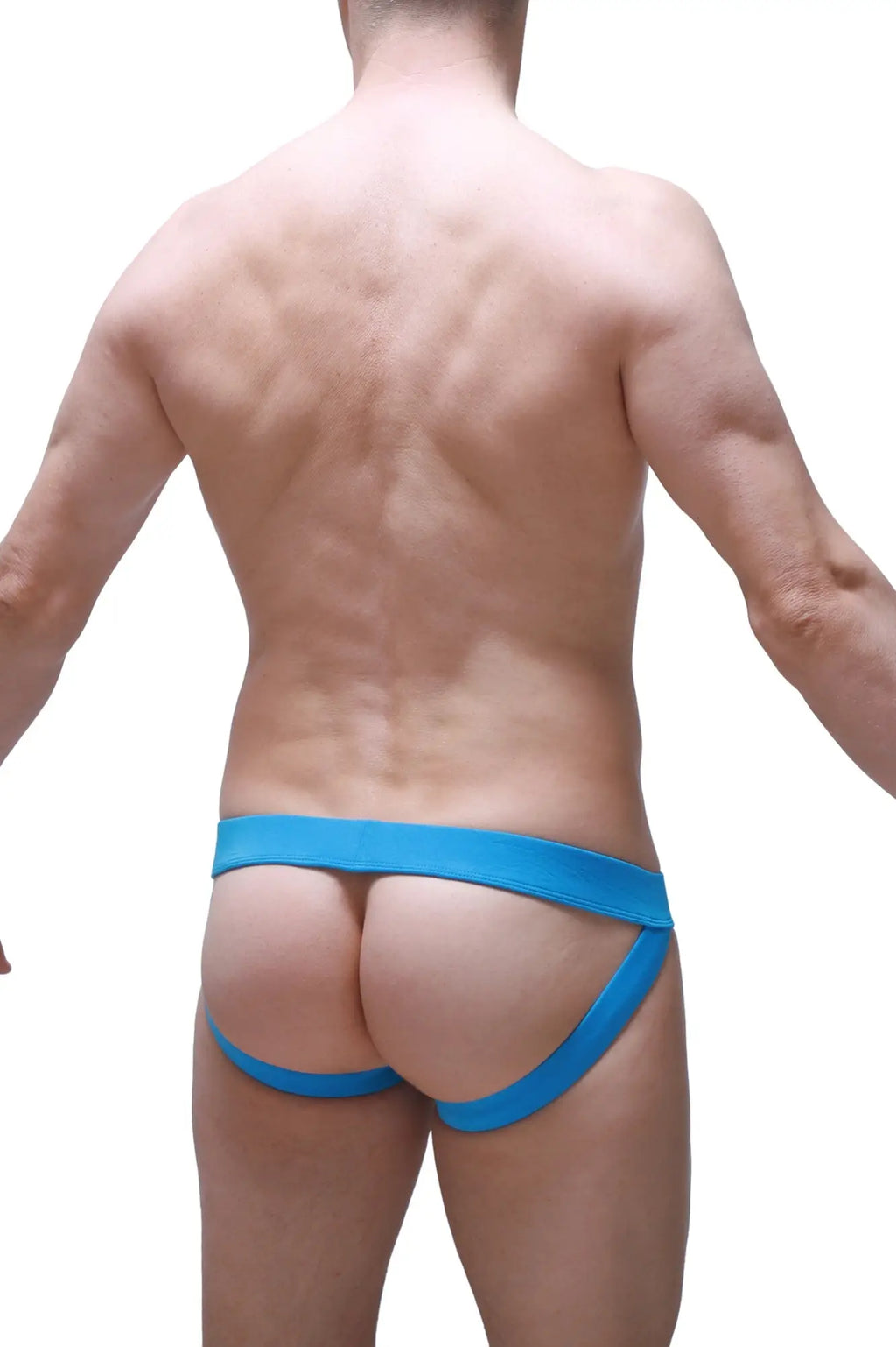 Bright blue form-fitting athletic briefs with supportive waistband and leg straps from jockstrap linthes bamboo green