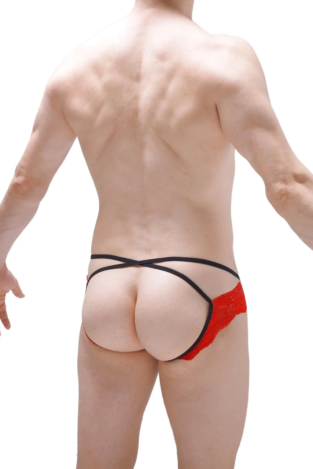 Red lace thong jockstrap ludios with black elastic straps showing the back side of the product