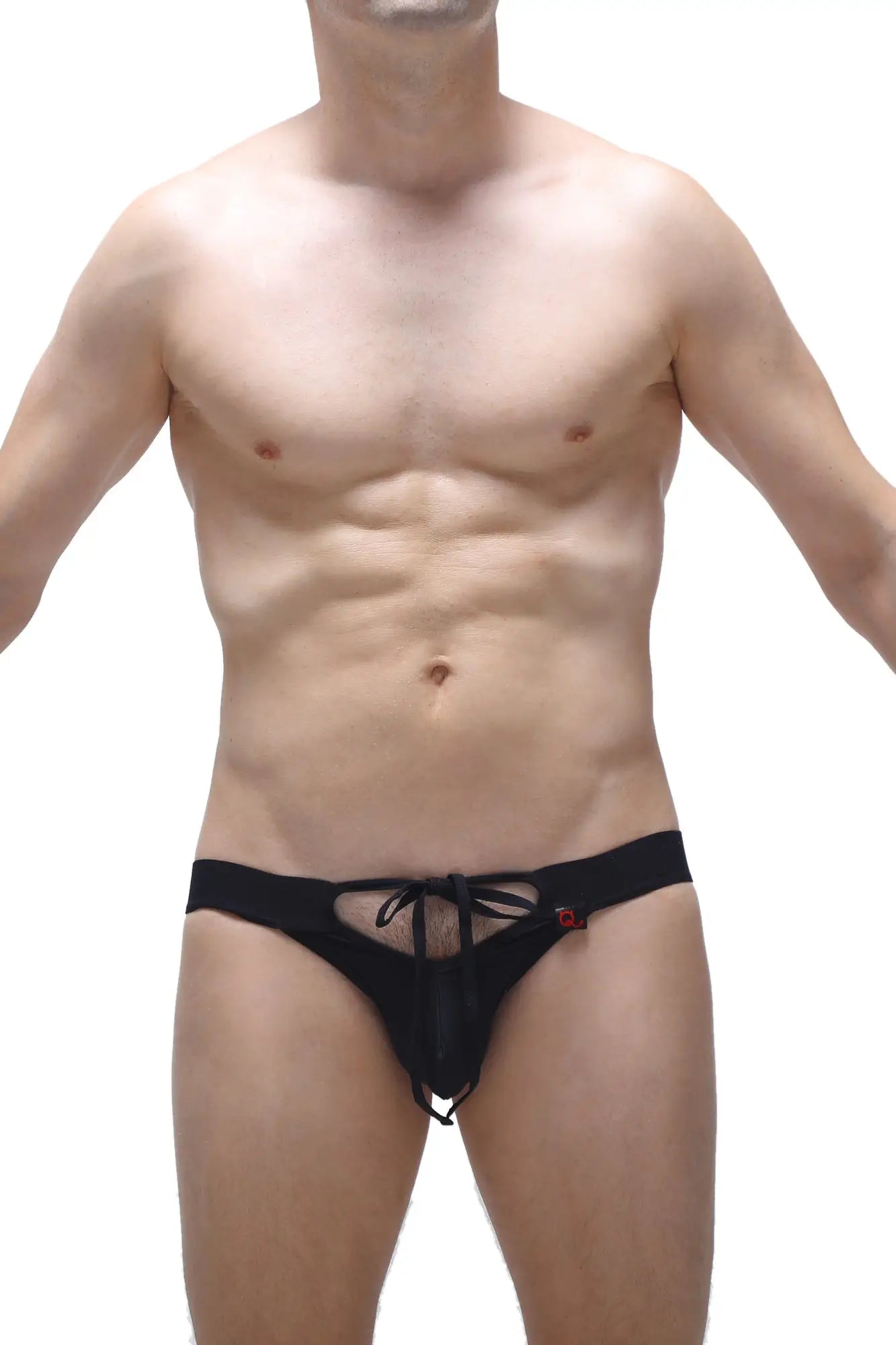Black mesh briefs jockstrap merpins with tied waistband and small red logo on the side