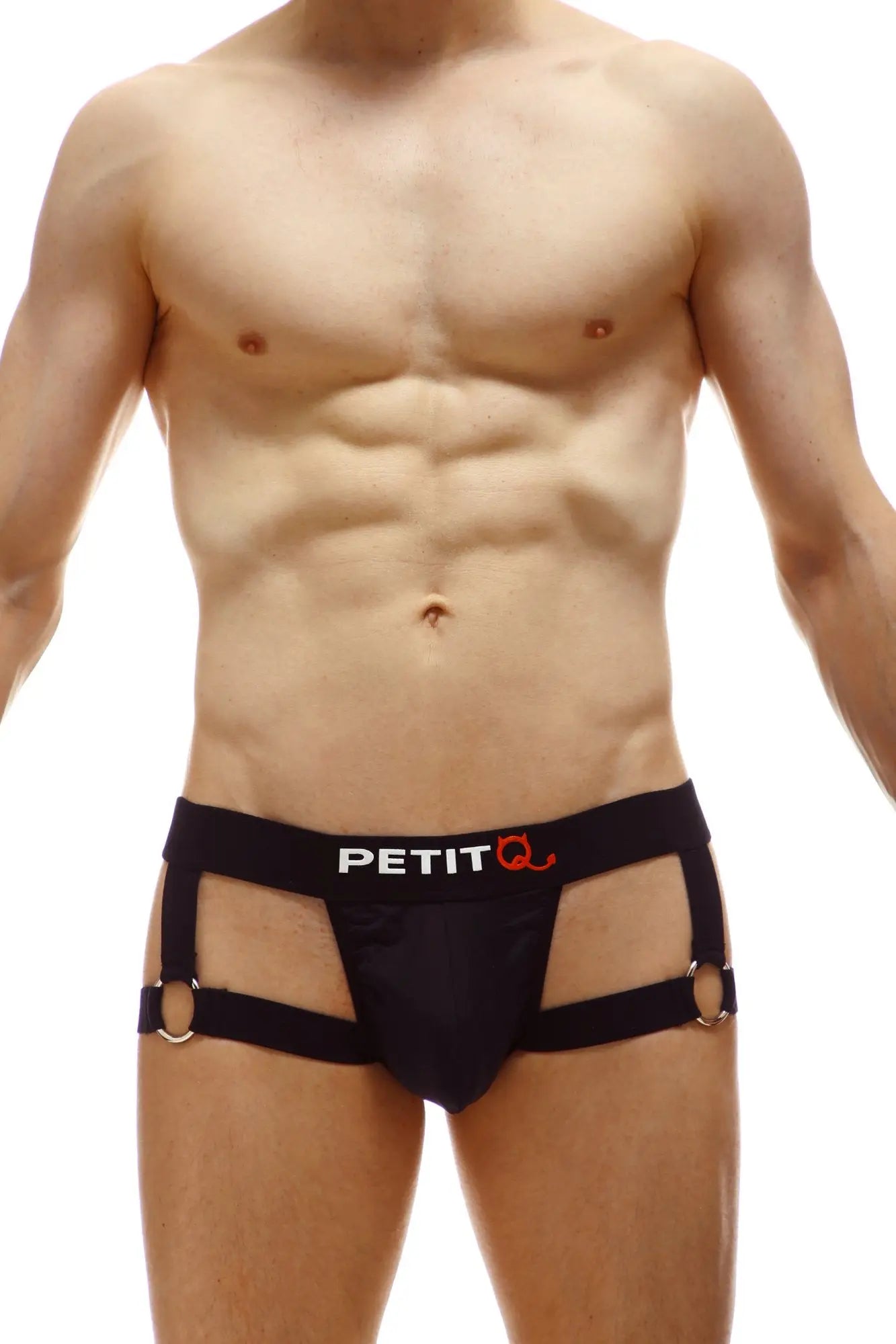 Black petitq men’s jockstrap mijoux noir with side straps and metal rings showing front view