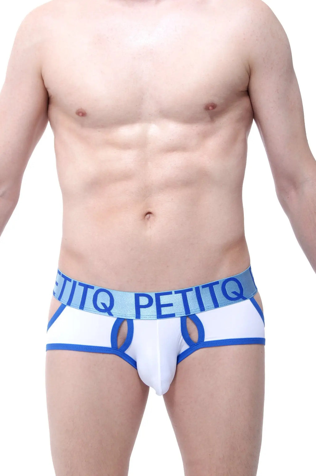 White and blue montendry men’s briefs with bold logo band featuring petitq design and comfortable fit
