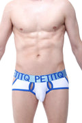 White and blue montendry men’s briefs with bold logo band featuring petitq design and comfortable fit