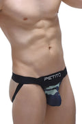 Black and camouflage petito brand jockstrap monviel net camo briefs with supportive contoured design visible from front