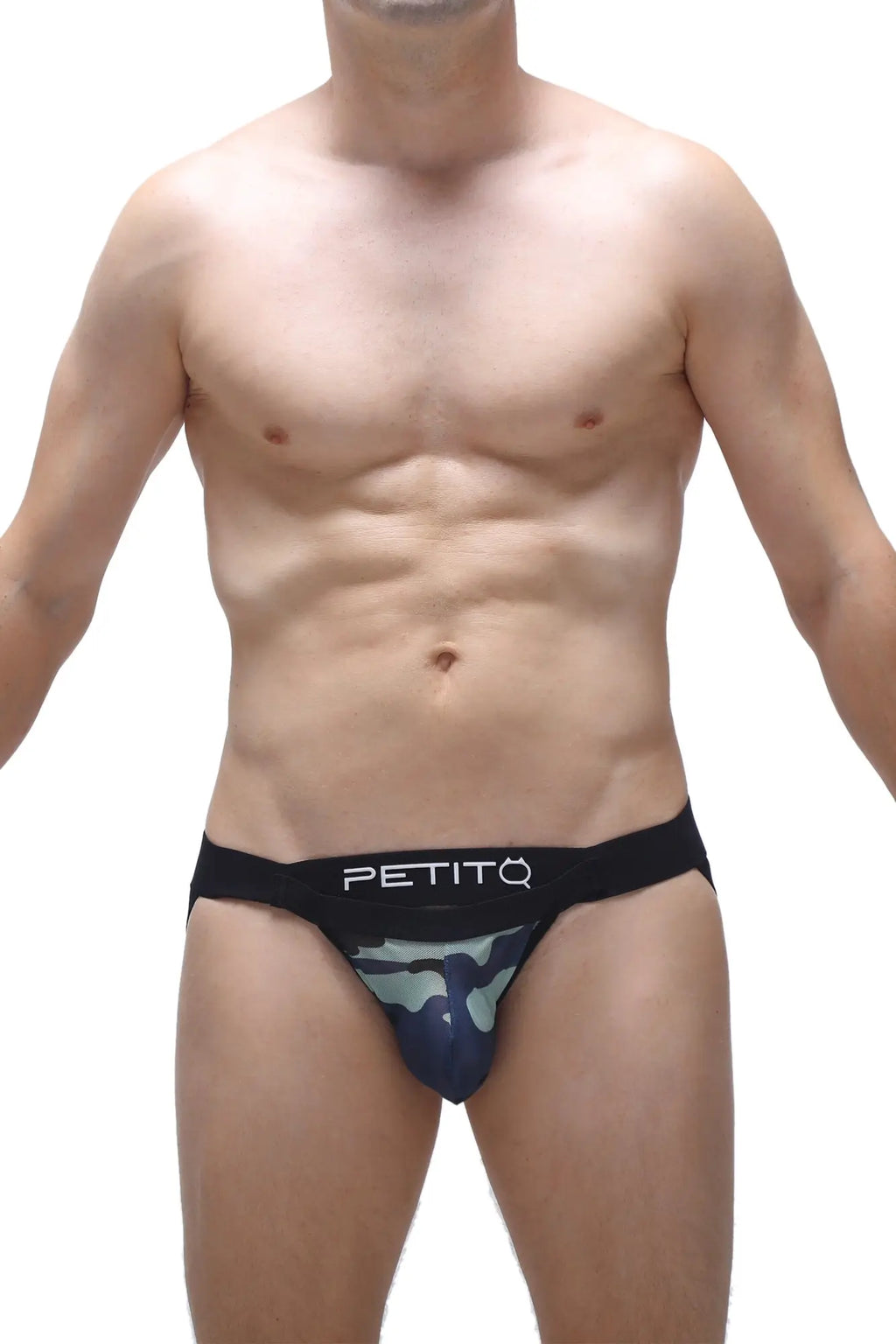 Black and navy blue camouflage petitq briefs with white logo waistband from jockstrap monviel net camo collection