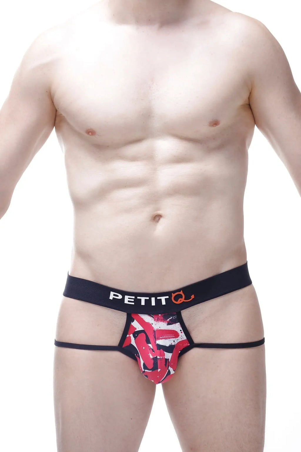 Red and white abstract patterned men’s briefs with black petitq branded waistband from jockstrap monze chick collection