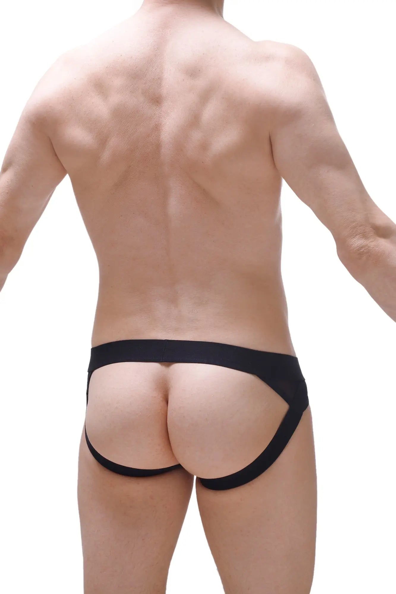 Black form-fitting athletic jockstrap mosset boudoir briefs with supportive waistband and leg openings