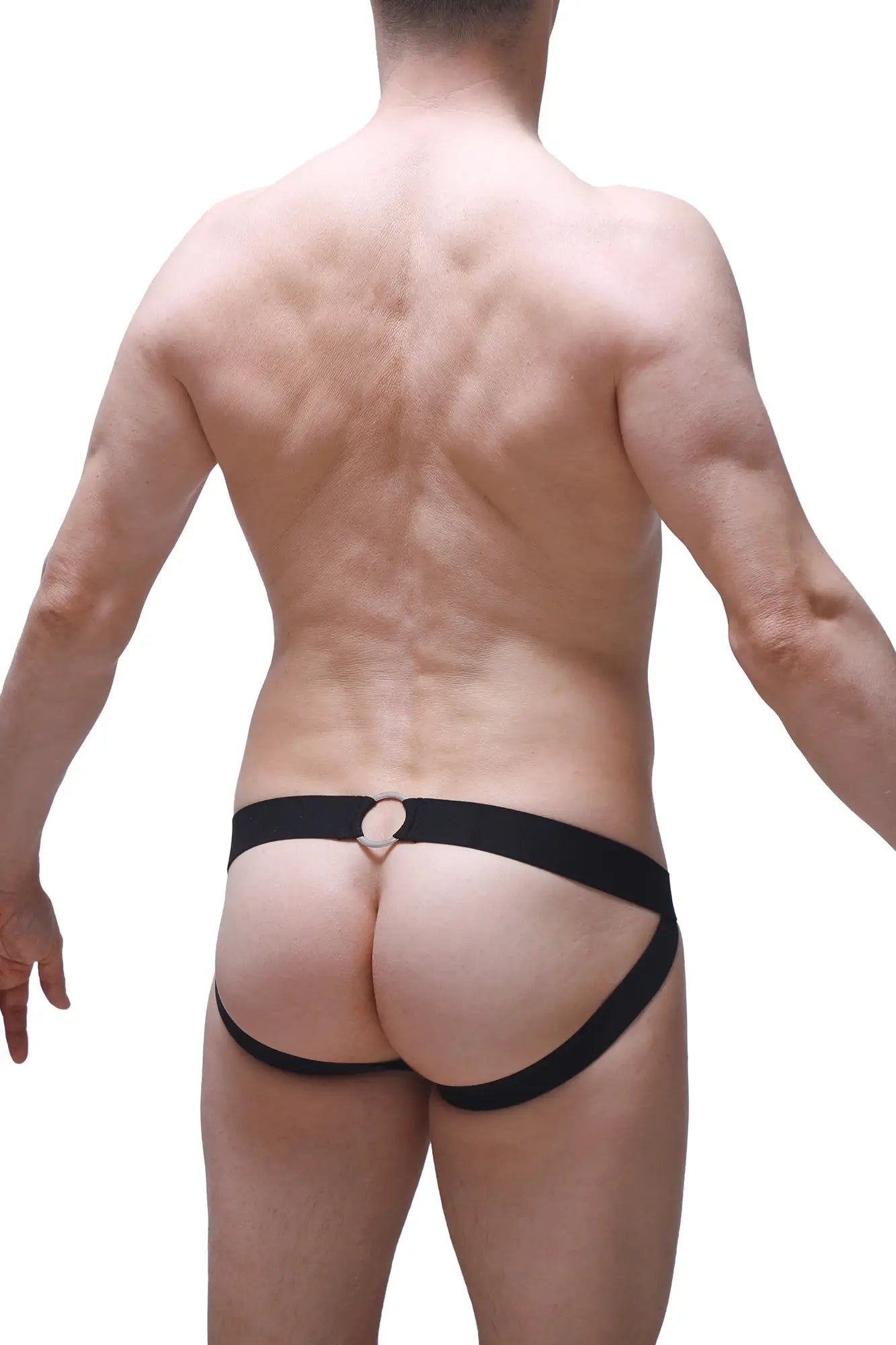 Back view of black jockstrap moys panthere athletic briefs with central circular metallic clasp for secure fit
