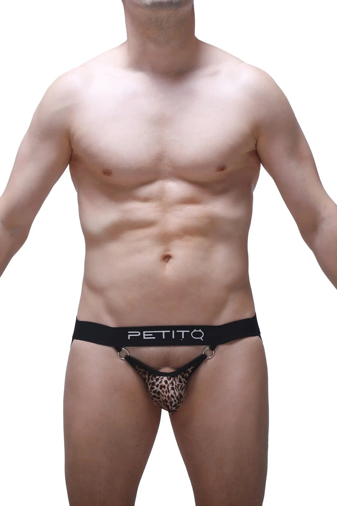 Black and tan leopard-print petitq thong with black waistband and white brand name jockstrap Moys Panthere