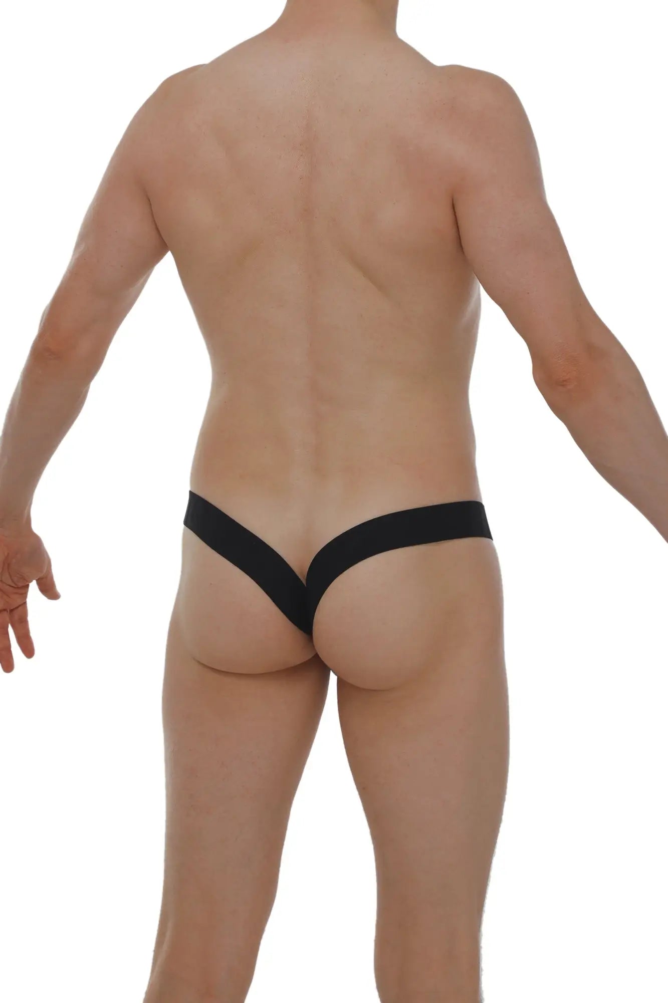Black minimalist thong jockstrap muy net black with sleek v-shaped design and breathable mesh material front view