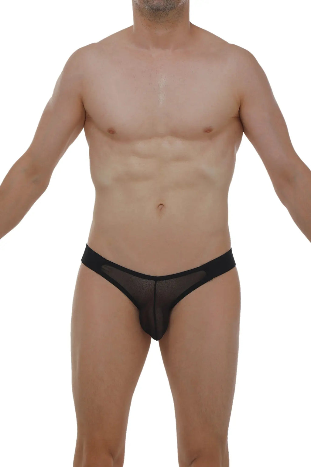 Black sheer mesh briefs with a solid black waistband from the jockstrap Muy Net Black collection