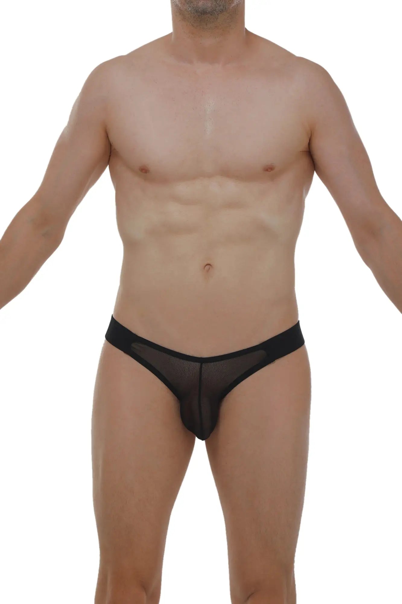 Black sheer mesh briefs with a solid black waistband from the jockstrap Muy Net Black collection