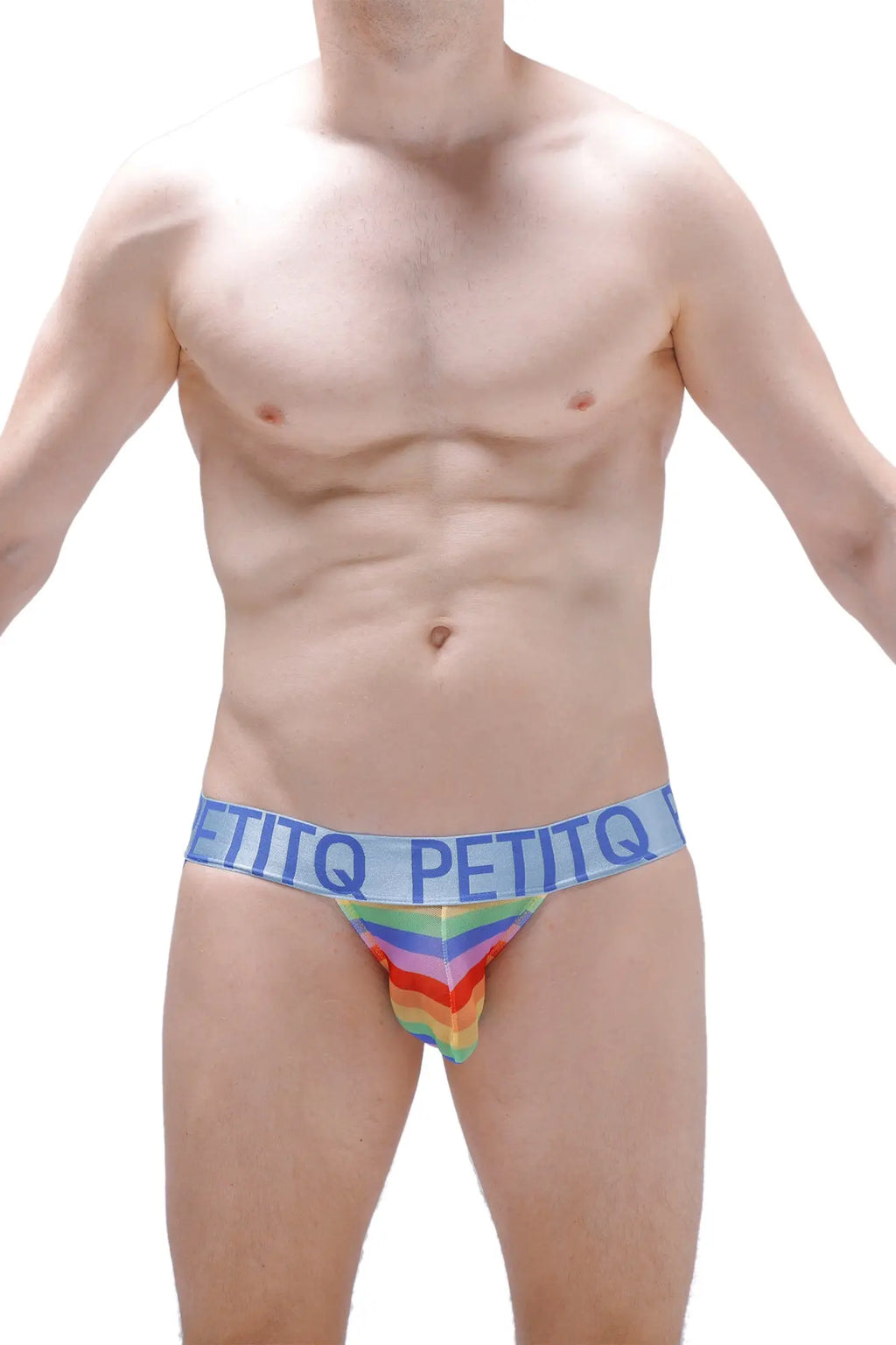 Rainbow-striped men’s jockstrap net briefs with a light blue petitq waistband in bold black letters