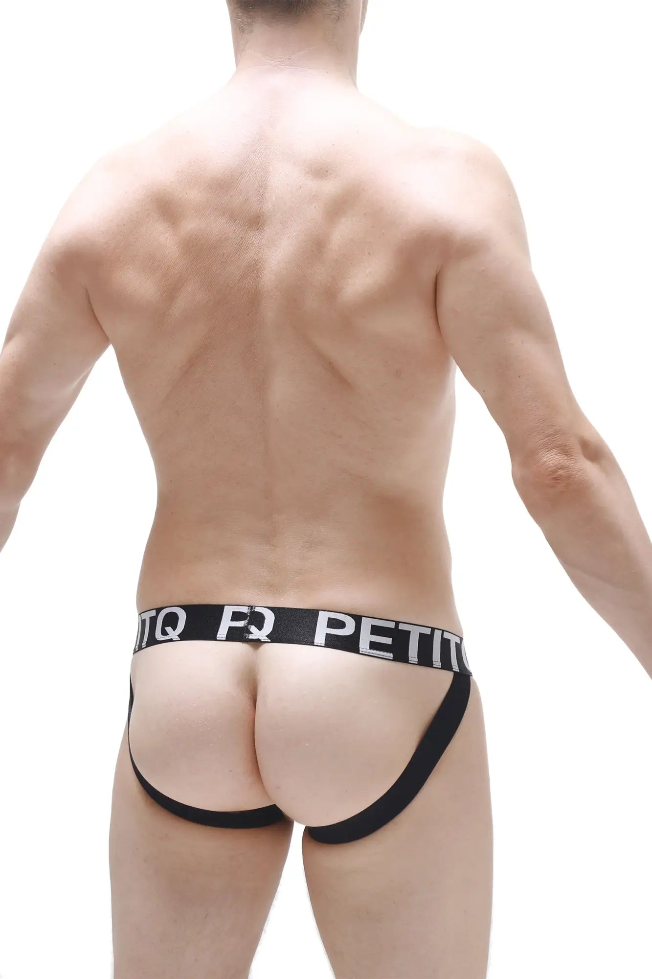 Black athletic jockstrap with pad featuring bold white petitq logo waistband for support and comfort