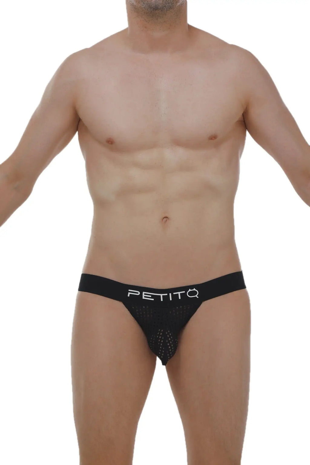 Black mesh jockstrap protruder durtol with white petitq logo on waistband showcasing front view