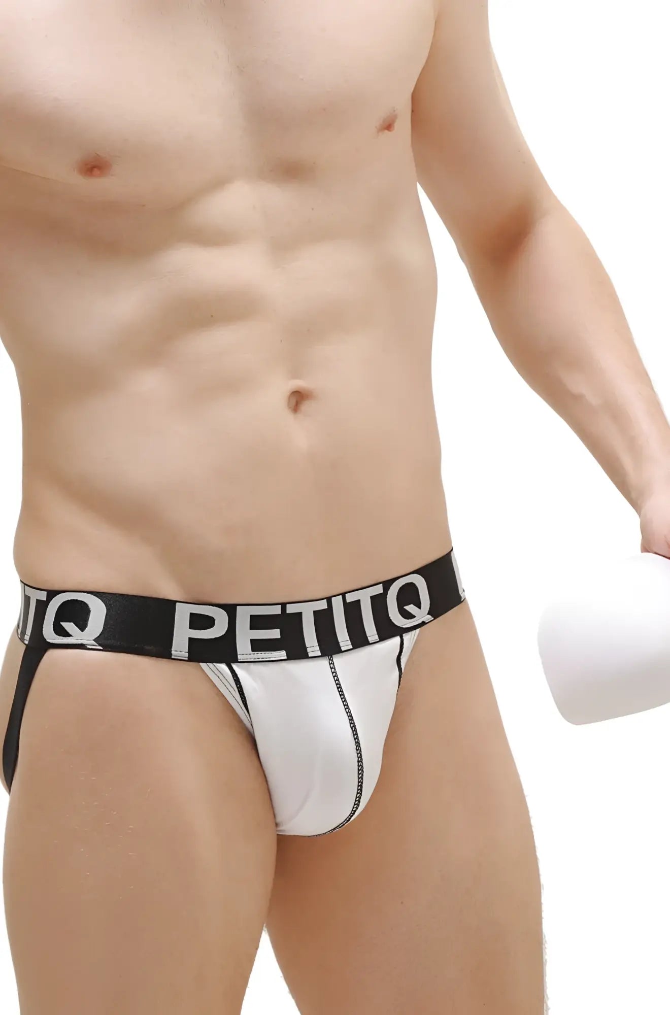 White petitq brand briefs with black waistband and white lettering designed as jockstrap white w pad front view