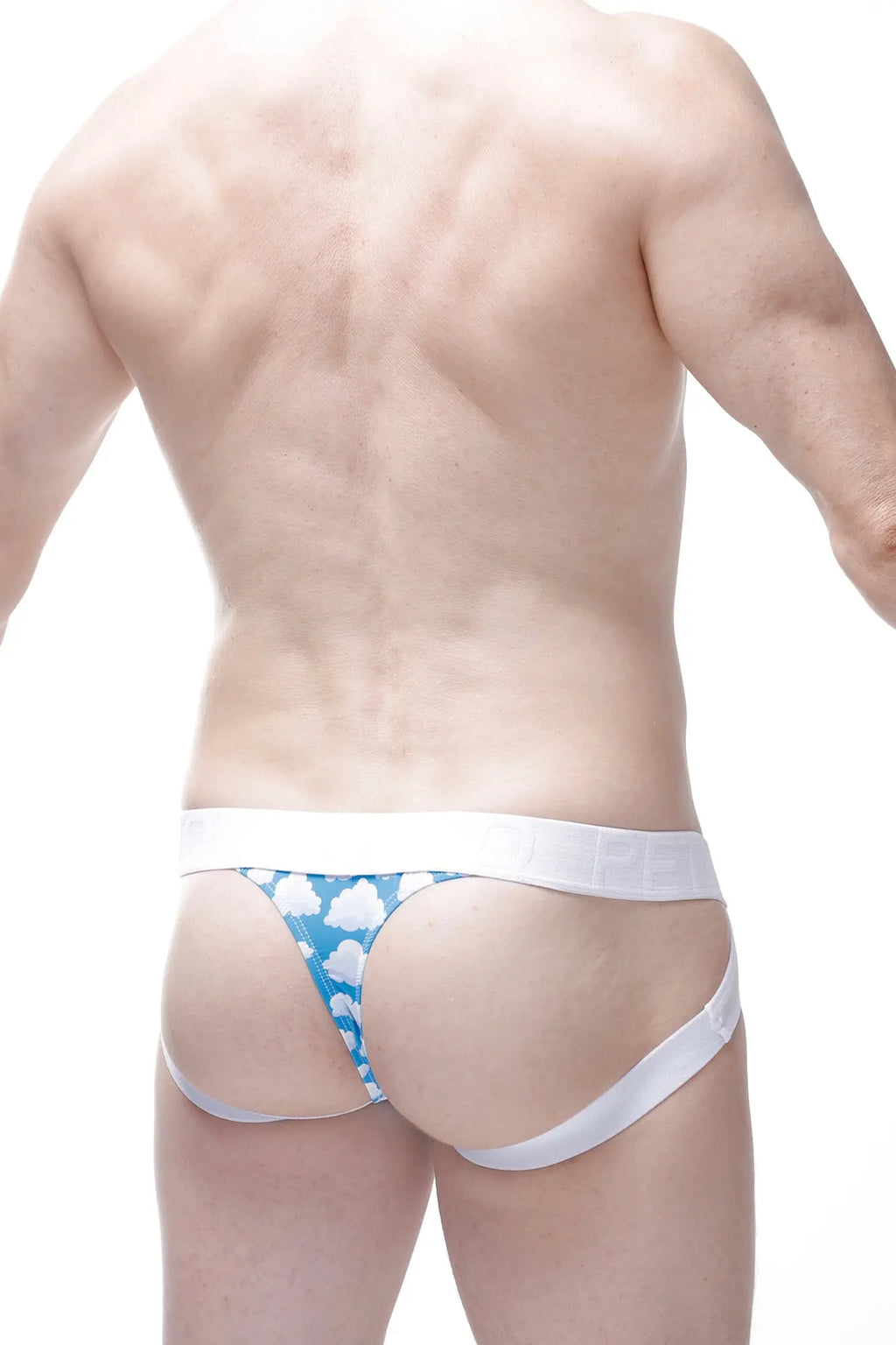 Blue and white cloud patterned jockstring argein nuage briefs with a solid white waistband front view