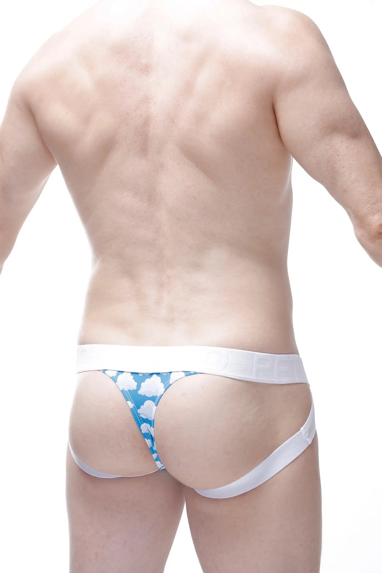Blue and white cloud patterned jockstring argein nuage briefs with a solid white waistband front view