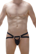 Black leather harness-style jockstring briefs with silver metal rings and a small red logo on the front