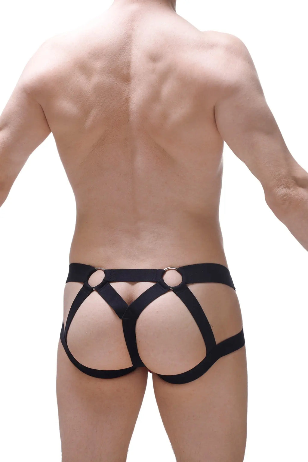 Black leather harness-style jockstring beast ascan briefs with circular metal rings at the waistband front view
