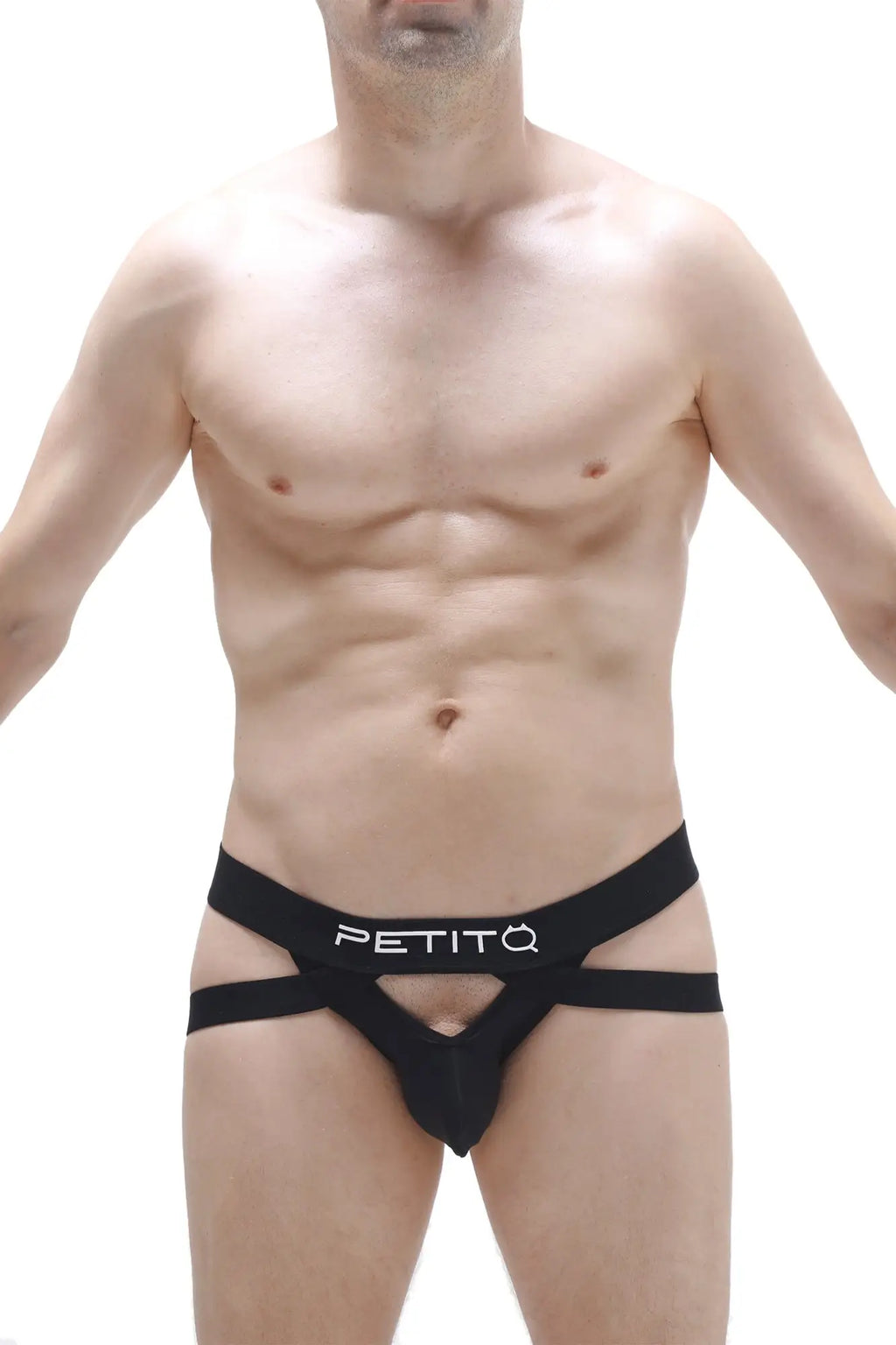 Black petito jockstring brest men’s briefs with distinctive cut and white logo on waistband in breathable fabric