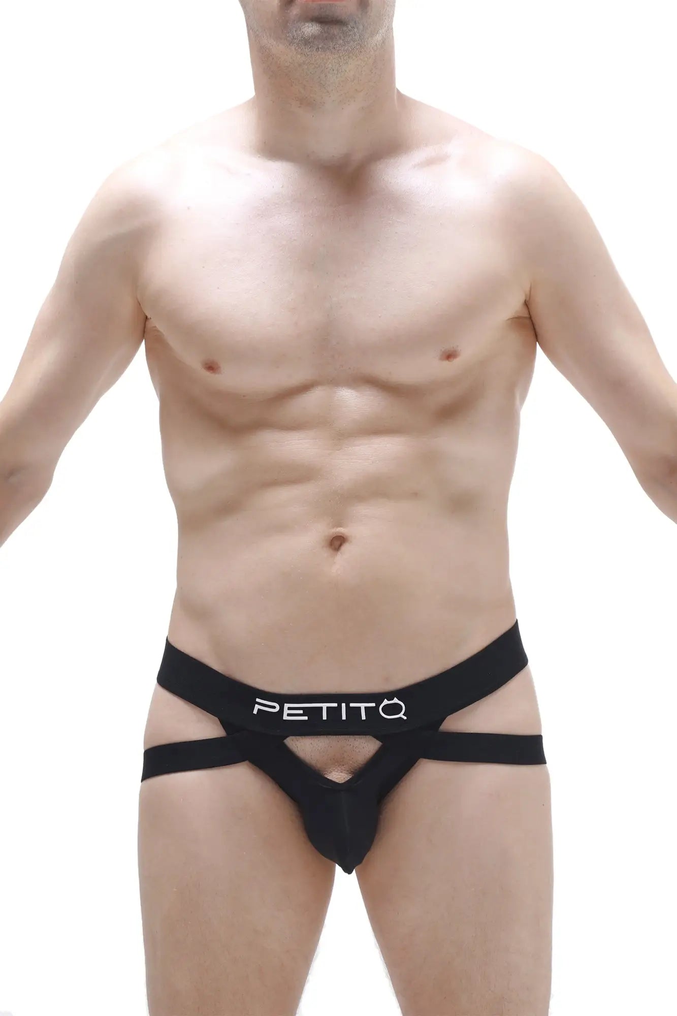 Black petito jockstring brest men’s briefs with distinctive cut and white logo on waistband in breathable fabric