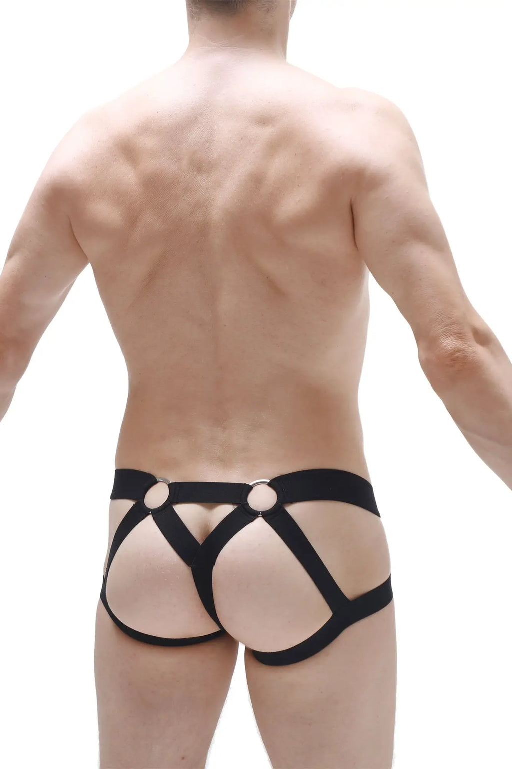 Black leather-like jockstring brest red briefs with harness style and circular metal rings shown from the back