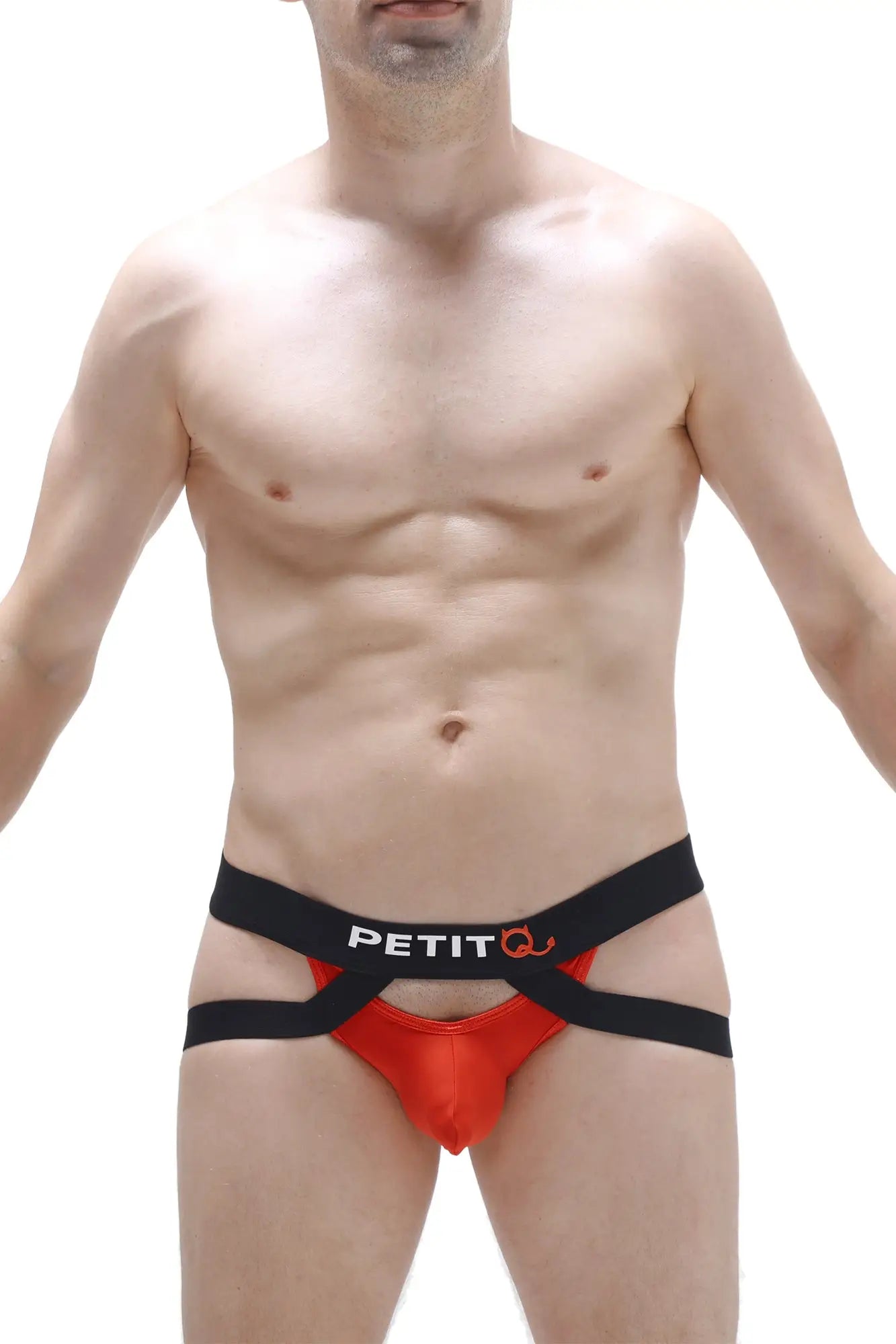 Red and black petitq men’s jockstring brest briefs with distinctive crisscross design and breathable fabric