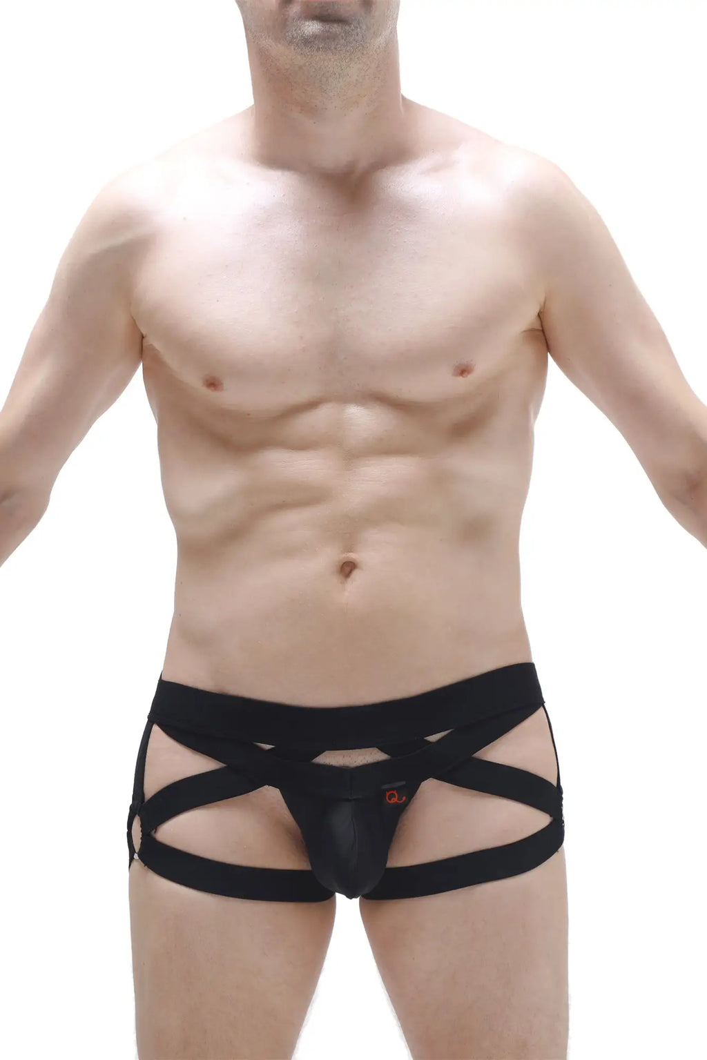 Black lace-up jockstring bustic briefs with a supportive strappy design showing the front side