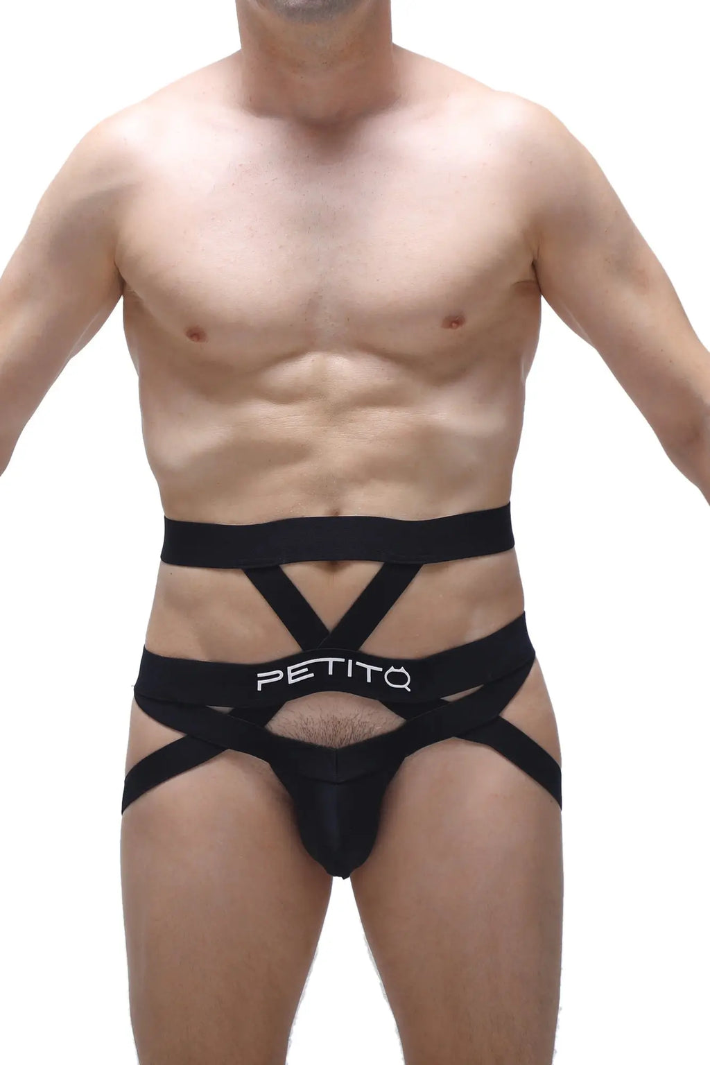 Black petitq brand men’s strappy briefs jockstring bustic with bold crisscross design front view