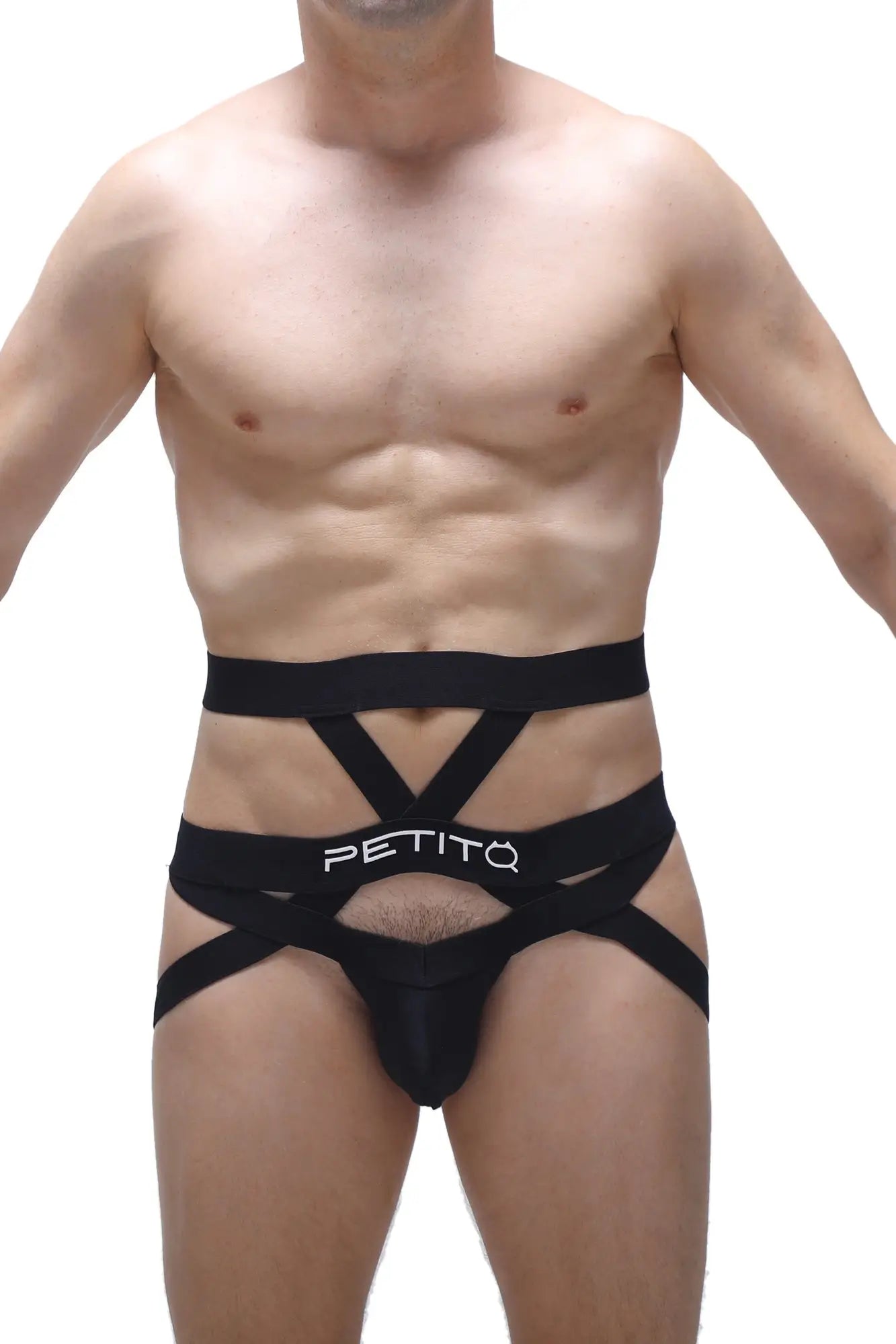 Black petitq brand men’s strappy briefs jockstring bustic with bold crisscross design front view