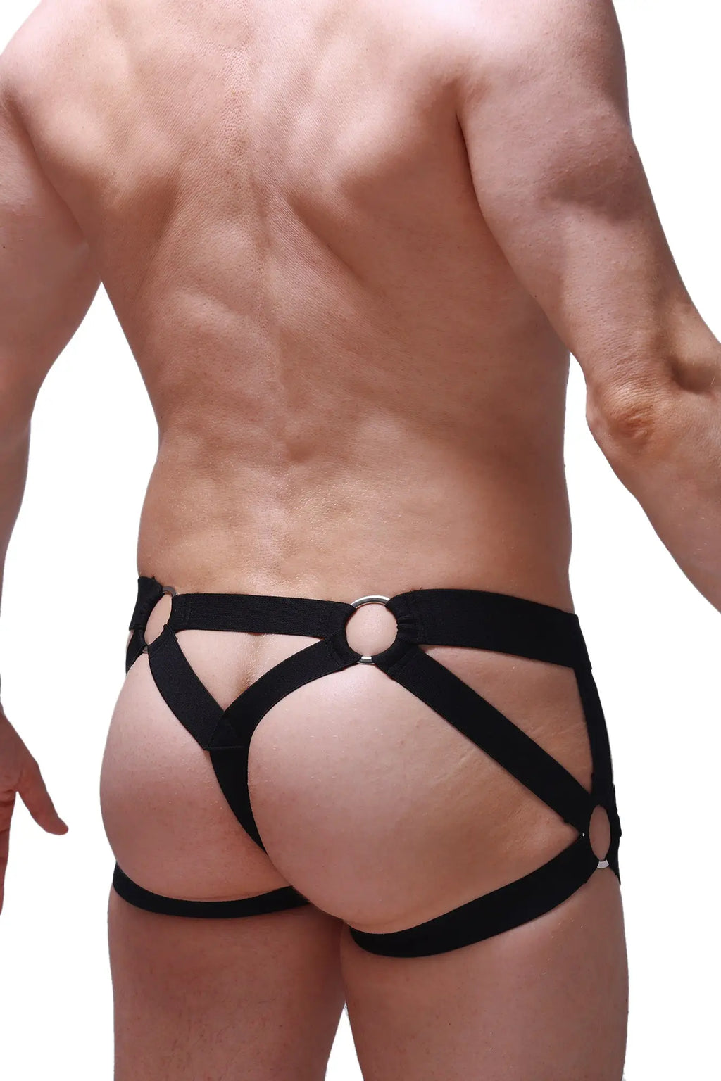 Black leather harness-style briefs with silver metal rings jockstring bustic mesh black front view