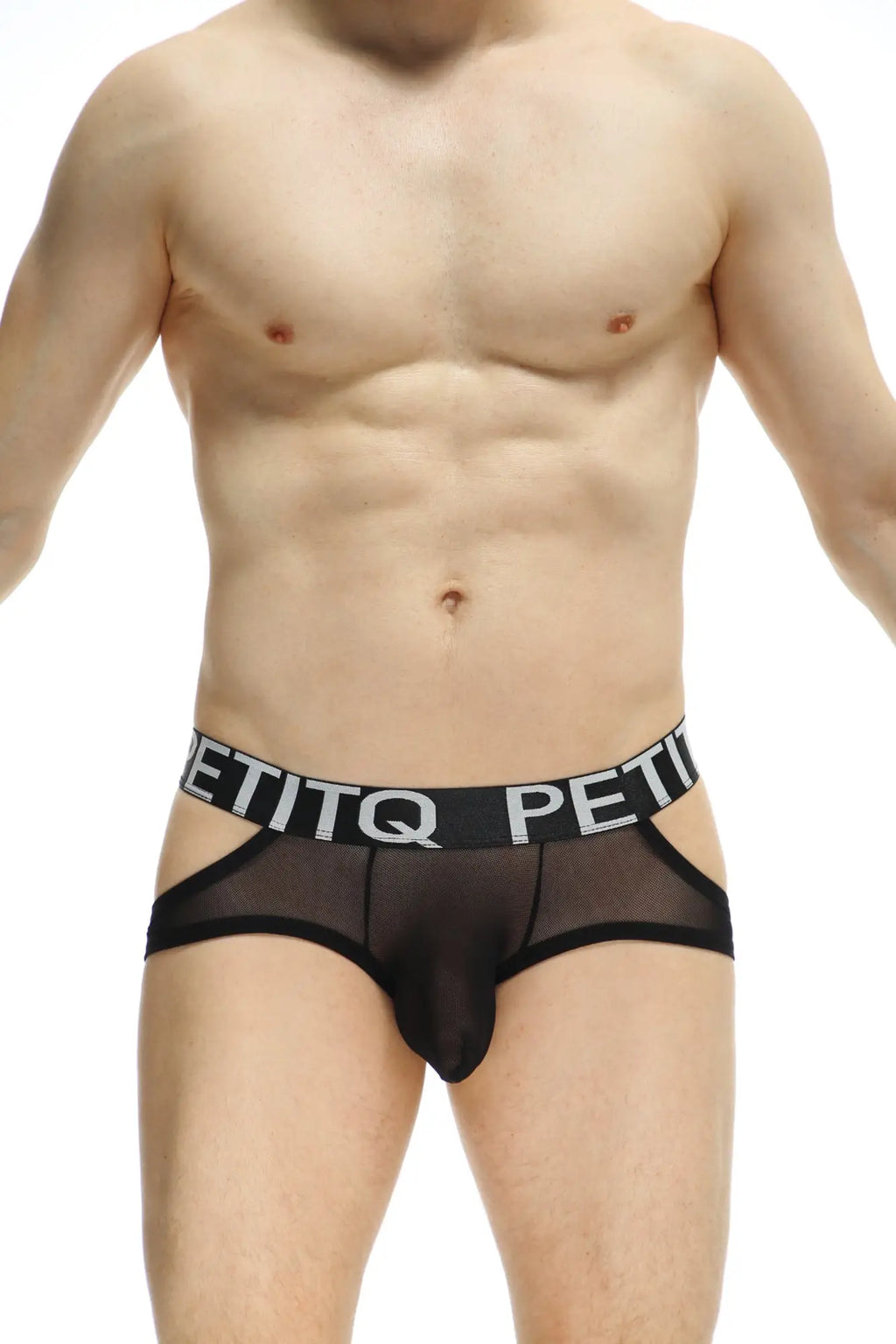 Black sheer mesh jockstring briefs with bold black waistband featuring white petitq lettering from lunan net black collection